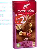 Côte d'or lait raisins noisettes 2x180g-360g
