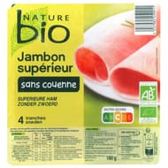 Nature bio Jambon cuit supérieur sans couenne bio 4 tranches 160g