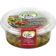 Olives vertes dénoyautées aux piments jalapeno rouge et vert