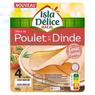Isla délice halal délice de poulet et dinde gout fumé 4 tranches 100g