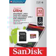 Carte mémoire sandisk ultra microsdhc + adaptateur sd 32gb 120mb/s uhs-i SDSQUA4-032G-GN6MA
