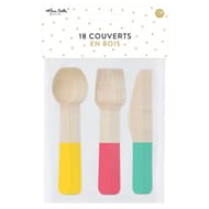 Menagere 18 couverts en bois rose / turquoise/ jaune