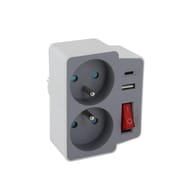 Chacon biplite 2x16A + 1USB A + 1 USB avec interrupteur gris/blanc