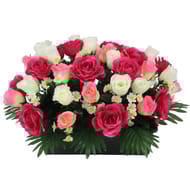 Rose ouverte et bouton en jardinière L57XL43XH36cm  artificielle  rose blanc