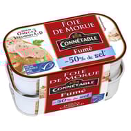 Connetable lot de 2 1/6 foie de morue msc fume au bois de hetre -50% de sel 121g