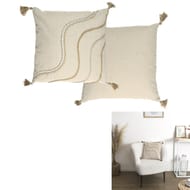 Coussin beige et blanc a pompons 40x40cm