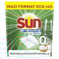 Sun capsule lave vaisselle optimum pure tout en 1 bicarbonate de soude 0% x45