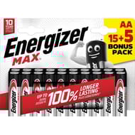 Energizer piles alcalines aa/lr06 max, paquet de 15 piles + 5 gratuites 460g