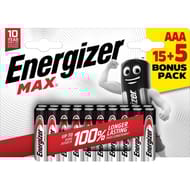 Energizer piles alcalines aaa/lr3 max, paquet de 15 piles + 5 gratuites 220g