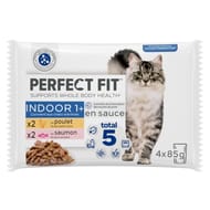 Perfect fit pâtée pour chat d'intérieur stérilisé au poulet et au saumon en sauce 4x85g