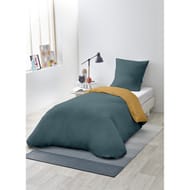 Parure housse de couette microfibre lavée 140x200cm1 taies 63x63cm bleu/moutarde