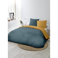 Parure housse de couette microfibre lavée 240x220cm+2 taies 63x63cm bleu/moutarde