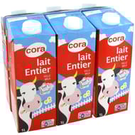 Cora lait entier stérilisé uht brique 6 x 1l