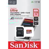 Carte mémoire sandisk ultra microsdxc + adaptateur sd 128gb 140mb/s uhs-i SDSQUAB-128G-GN6MA