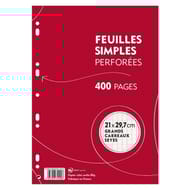 Feuilles simples blanches perforées 21x29.7cm 400 pages grands carreaux