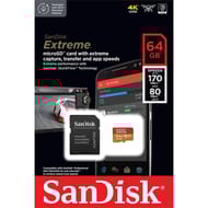 Carte mémoire sandisk extrême microsdxc + adaptateur sd 64gb 170mb/s uhs-i SDSQXAH-064G-GN6M