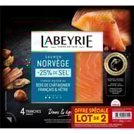 Labeyrie saumon Atlantique fumé de Norvège -25% sel, lot 2x4 tranches 2x130g