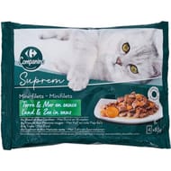 Carrefour companino patée chat adulte mini filets en sauces au boeuf, à la truite, au saumon 340g