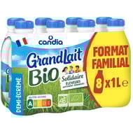 GrandLait Bio lait demi-écrémé bouteille format familial 8x1l