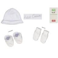 Ensemble bonnet revers, chaussons et moufles BLANC COEUR T00