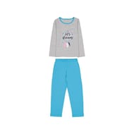 Pyjama long manches longues jersey fille GRIS CHINE/TURQUOISE 4ANS