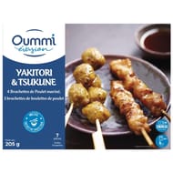 Oummi yakitori & tsukune 4 brochettes poulet mariné, 3 brochettes boulettes de poulet 205g