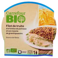 Carrefour bio plat cuisiné filet de truite et fondue de poireaux 300g