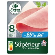Carrefour extra jambon le supérieur cuit à l'étouffée sel réduit 8 tranches 320g