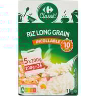 Carrefour classic' riz long grain incollable 10 min lot de 5 sachets de 200g