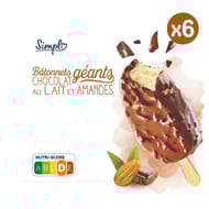 Simpl glaces bâtonnets chocolat lait amandes 492g