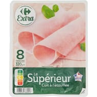 Carrefour extra jambon le superieur cuit a l'etouffée 8 tranches sans ogm 320g
