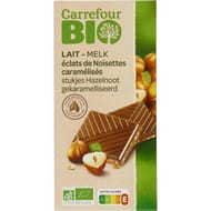 Carrefour bio tablette de chocolat lait noisettes caramélisées - 100g