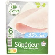 Carrefour extra jambon supérieur cuit à l'étouffée sel réduit 6 tranches 240g