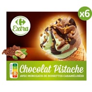 Carrefour extra 6 cônes chocolat pistache 411g