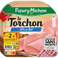 Fleury Michon jambon le torchon -25% de sel sans couenne 4 tranches lot 2+1 offert 360g