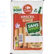 Carrefour classic' 6 knacks pur porc fumées sans nitrite 210g
