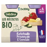 Blédina les récoltes bio pots ratatouille semoule 2x200g dès 6 mois
