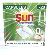 Sun capsules lave vaisselle optimum pure tout en 1 0% au bicarbonate 28 lavages