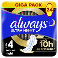 Always ultra serviettes secure night taille 4 ailettes x24