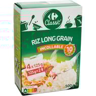 Carrefour classic' riz long grain incollable 10 min lot de 4 sachets de 125g