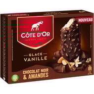 Côte d'Or 4 bâtonnets glace vanille enrobage chocolat noir amandes 260g