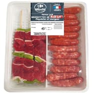 Plateau grill brochettes de boeuf chipolatas et merguez 630g Carrefour le marché
