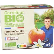 Carrefour bio compotes pomme vanille sans sucre ajoutés x4 - 400g