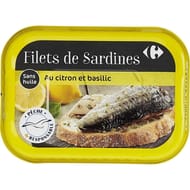 Carrefour extra filets de sardines citron et basilic 70g