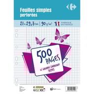 Carrefour 500 feuilles simples perforées 21x29.7 cm grands carreaux