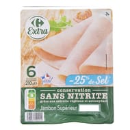 Carrefour extra jambon supérieur sans nitrite sel réduit 6 tranches 210g