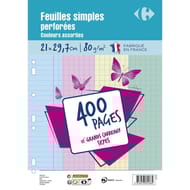 Carrefour 400 feuilles simples perforées de couleur 21x29.7 cm grands carreaux