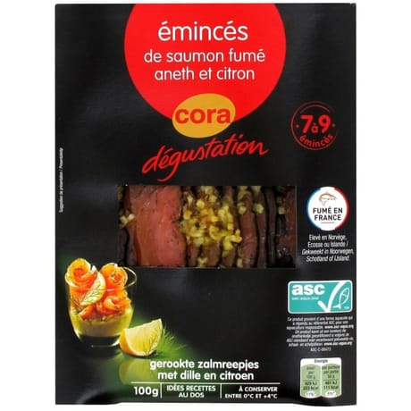 Cora dégustation émincés de saumon fumé ASC à l'aneth et au zeste de citron 100g
