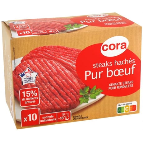 Cora 10 steaks hachés pur boeuf 15% mg 1kg