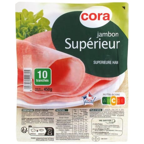 Cora jambon cuit supérieur dégraissé découenné 10 tranches 450g